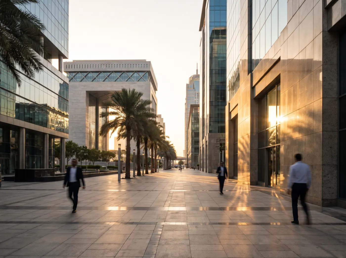 Business district in Dubai at golden hour