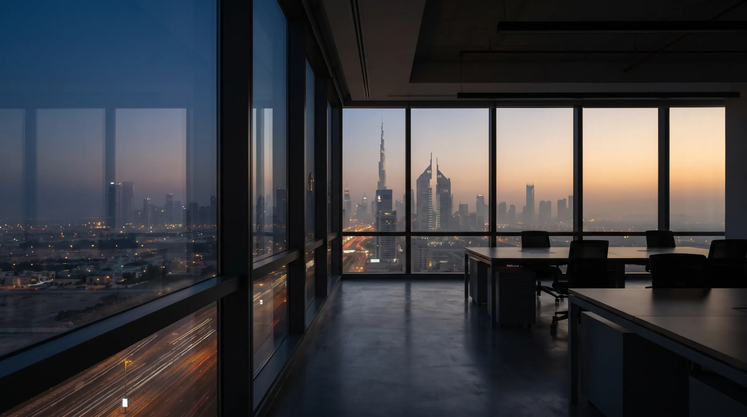 Dubai skyline at dusk seen from an office high above the city