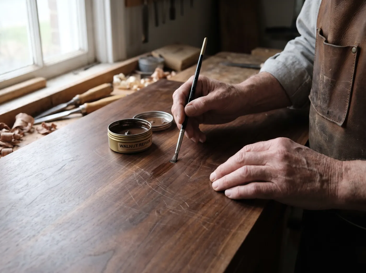 Craftsperson restoring a scratch on a walnut tabletop with a fine brush